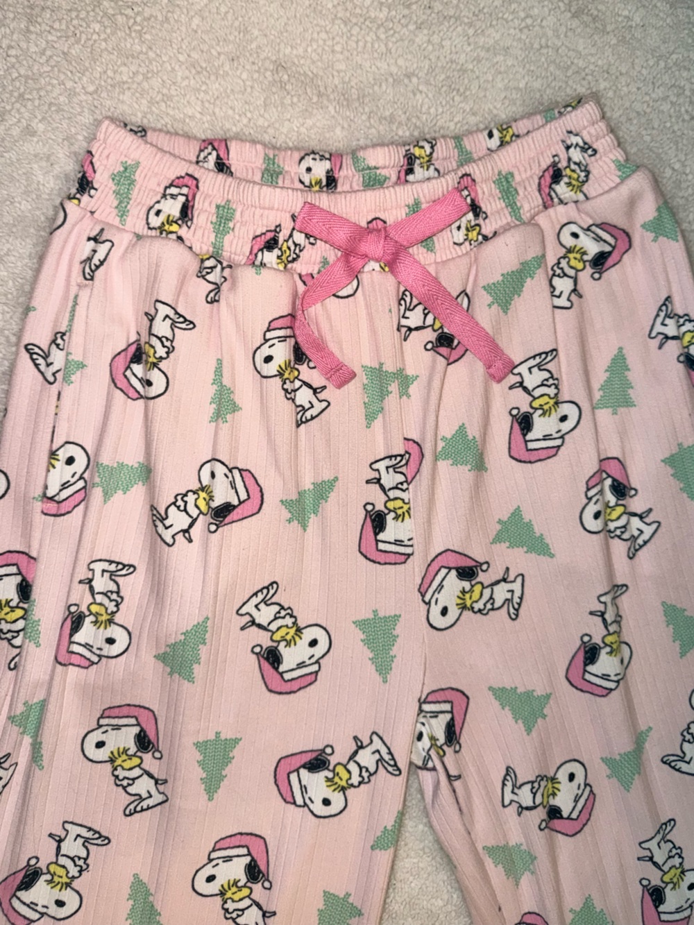 Peanuts Pink Snoopy Holiday Pajama Bottoms with Green Christmas Trees
